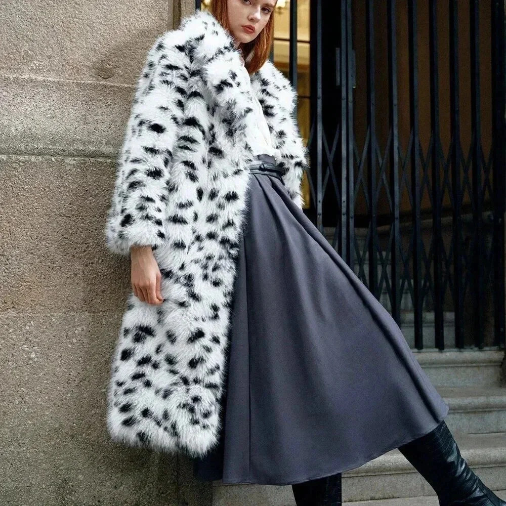 White Casual Women's Faux Fur Collar Mid-Long Leopard Print Fluffy Warm Coat - Picture 4 of 4